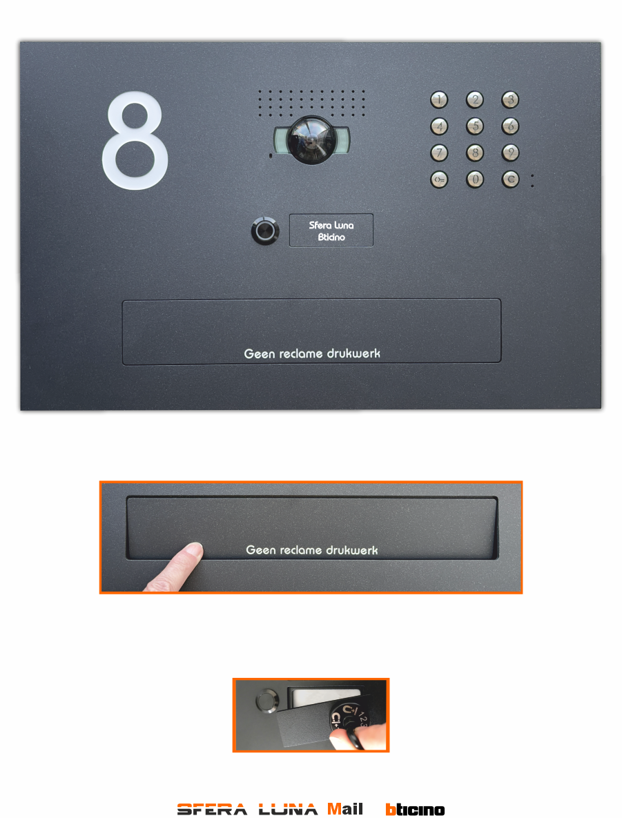 Video Parlofonie High-End Bticino SFERA LUNA+1 code keyboard with horizontal letterbox flap Video Parlofonie High-End Bticino SFERA LUNA+1 code keyboard with horizontal letterbox flap