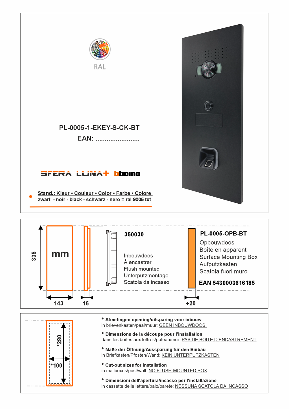 SFERA LUNA+ EKEY S-LINE 01 Vingerafdruk Video Parlofonie High-End-Module Bticino