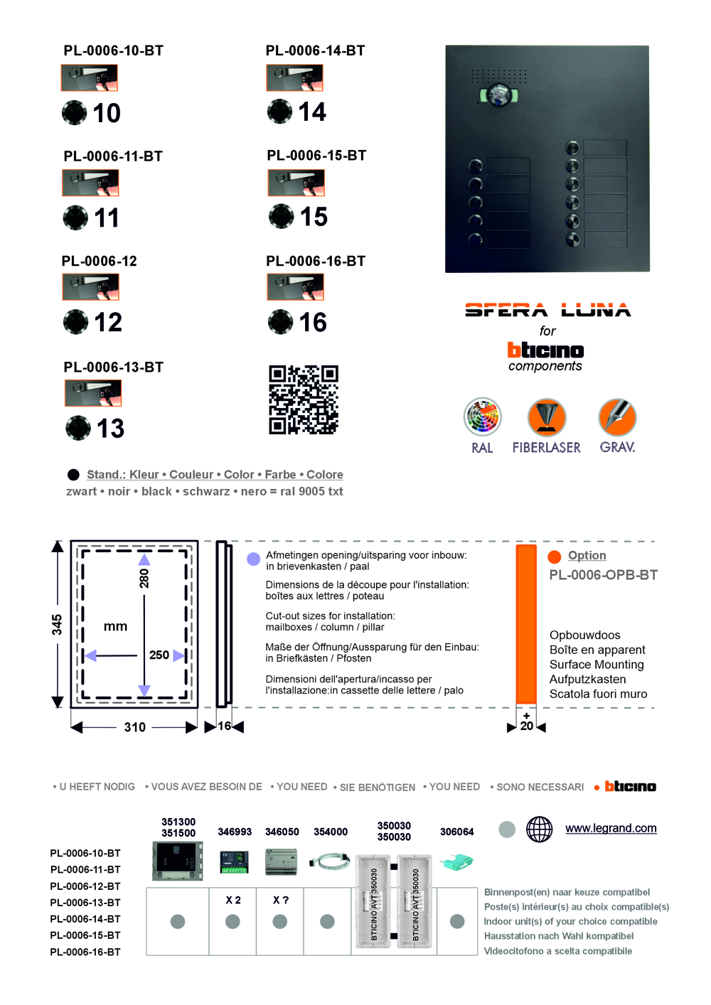 SFERA LUNA 15 Boutons de Sonnette pour Vidéo-parlophonie Bticino (350030+350030)