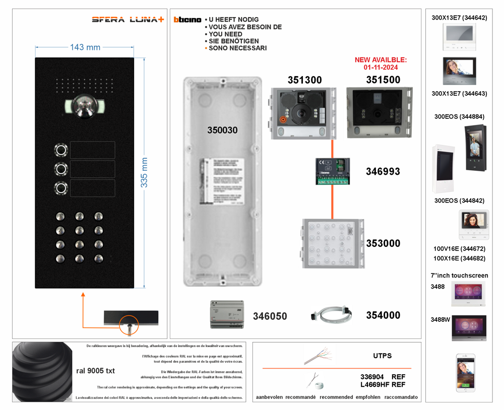 Video Parlofonie SFERA LUNA+3 Push-buttons Keypad High-End Bticino