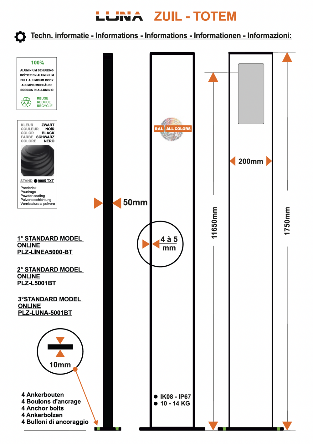 LUNA Design Zuil + LUNA5000 Frontplaat voor BTicino 345000 touchscreen
