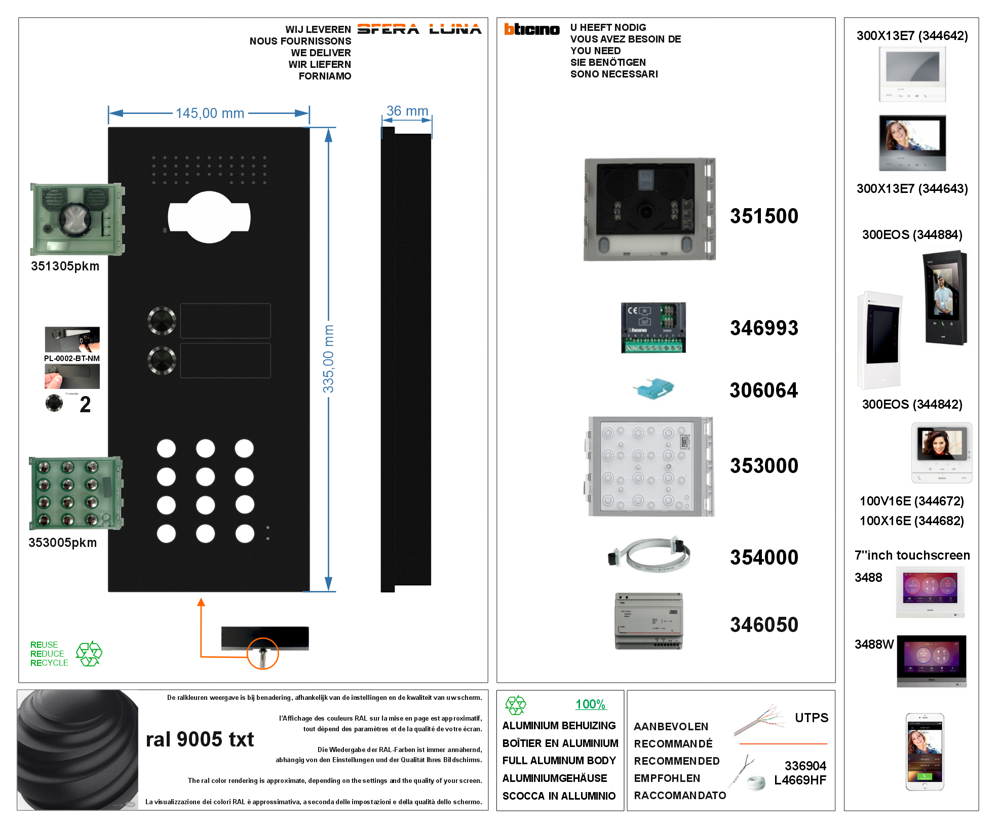 Video Parlofonie SFERA LUNA+2 Push-buttons keypad High-End Bticino